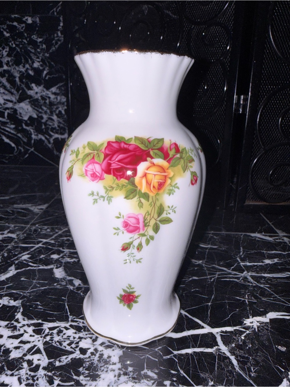 Classic Royal Albert White Porcelain Vase with Pink and Yellow Rose Design